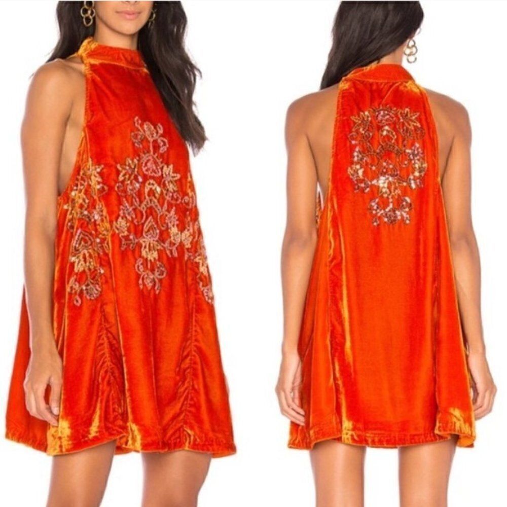 New Free People S Orange Velvet Sequin Swing Halter Dress